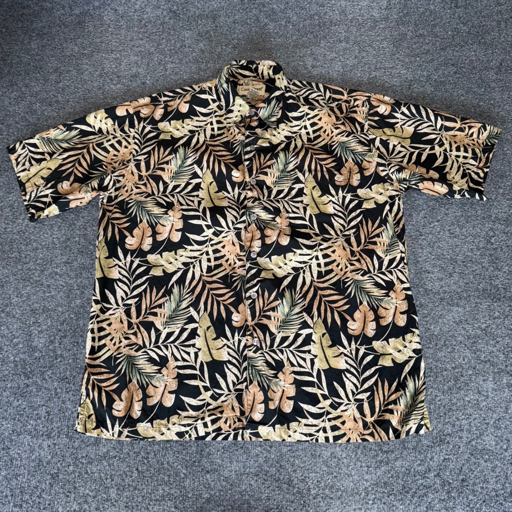 Cooke Street Hawaiian Shirt Mens Medium Leaf Floral Black Beige‎ Short Sleeve